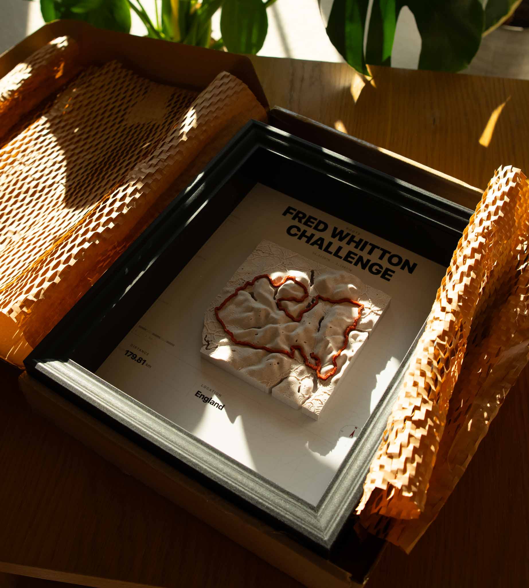 Framed 3D printed route map with a personal dedication, given as a customer thank-you gift